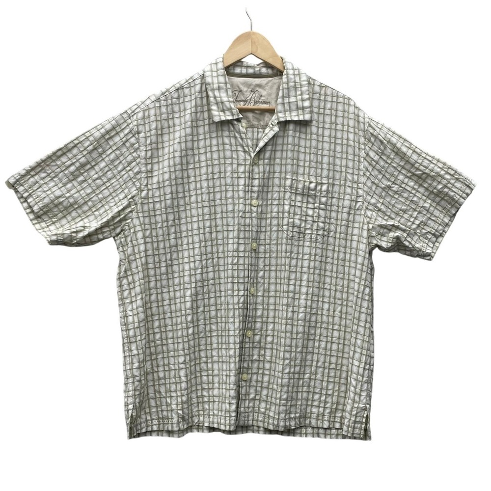 Tommy Bahama Mens XL Tencel Short Sleeve Button Down Shirt Tan Grid RN 86549